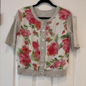 Floral Button-Up Short Sleeve Cardigan in Cream and Pink